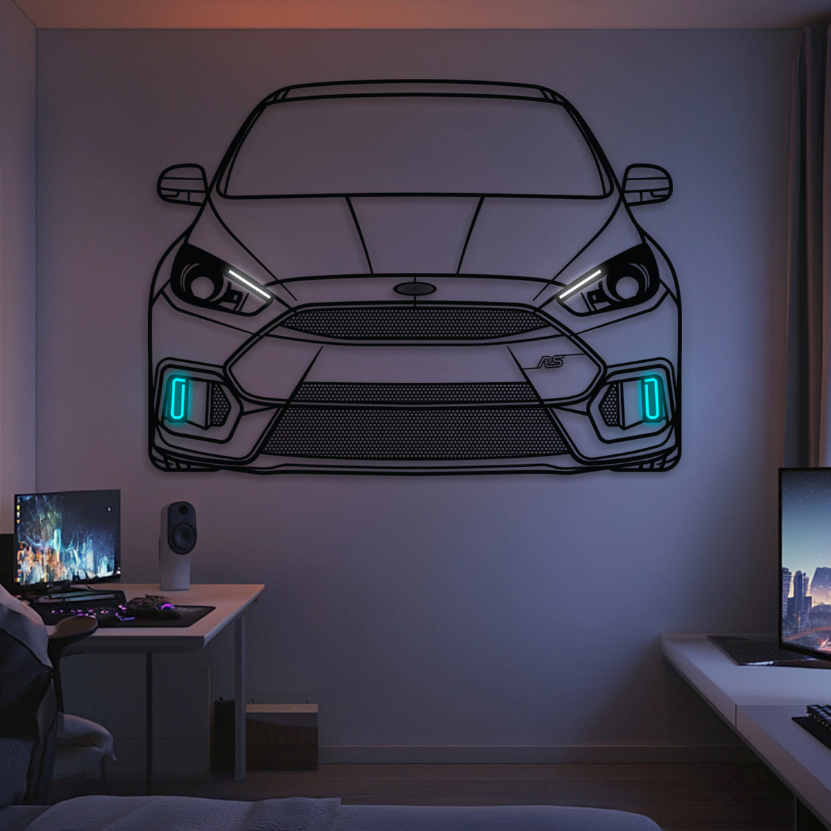 2016 Focus RS front view neon-lit metal wall art