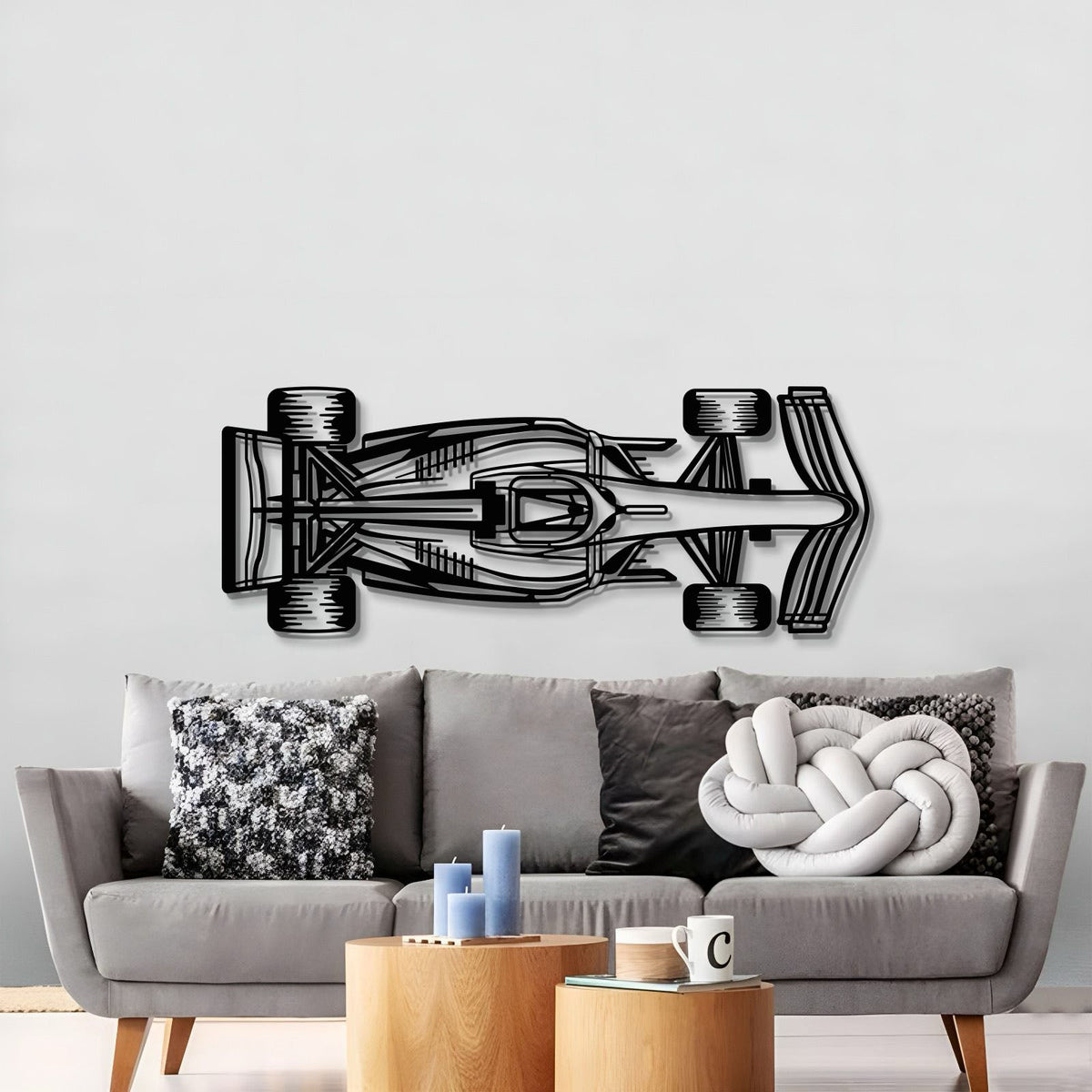 A garage wall styled with Formula 1 2022 horizontal silhouette décor captures high-speed racing aesthetics