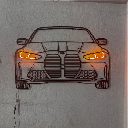 BMW M4 Coupe Competition front neon metal wall art – high-quality laser-cut steel with matte finish and elevated look