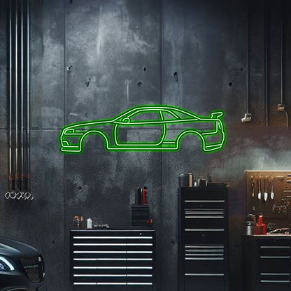 Powder-coated GT-R R34 silhouette elevated with screws – motorsport inspired neon wall décor for interior walls