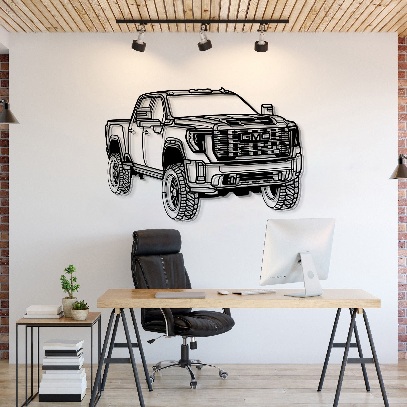 GMC Sierra 2500 Denali (2024) perspective metal wall art – laser-cut 2 mm textured steel with matte powder-coat finish