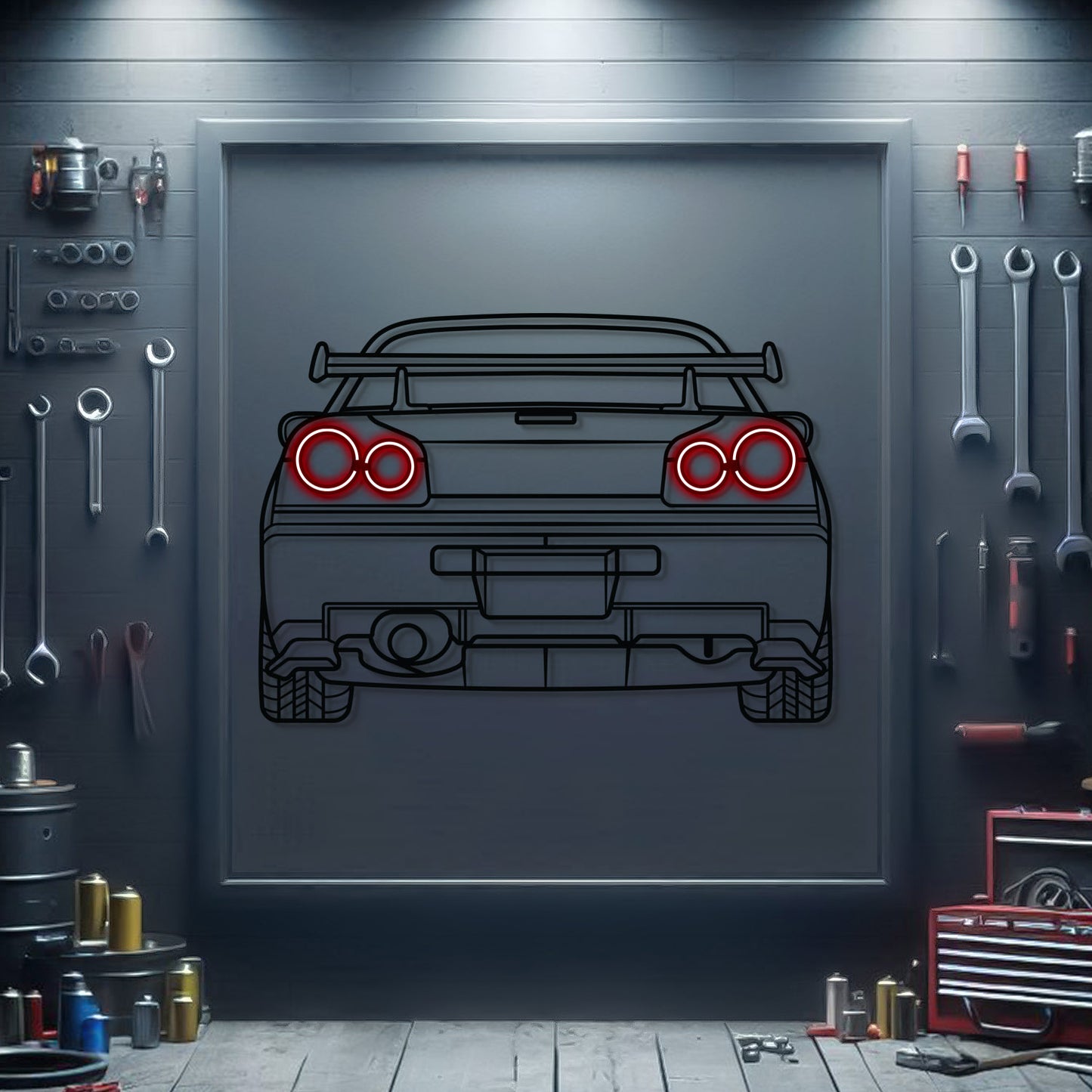 Nissan Skyline GT‑R R34 rear view metal neon wall art – laser‑cut steel décor honoring the legendary JDM supercar