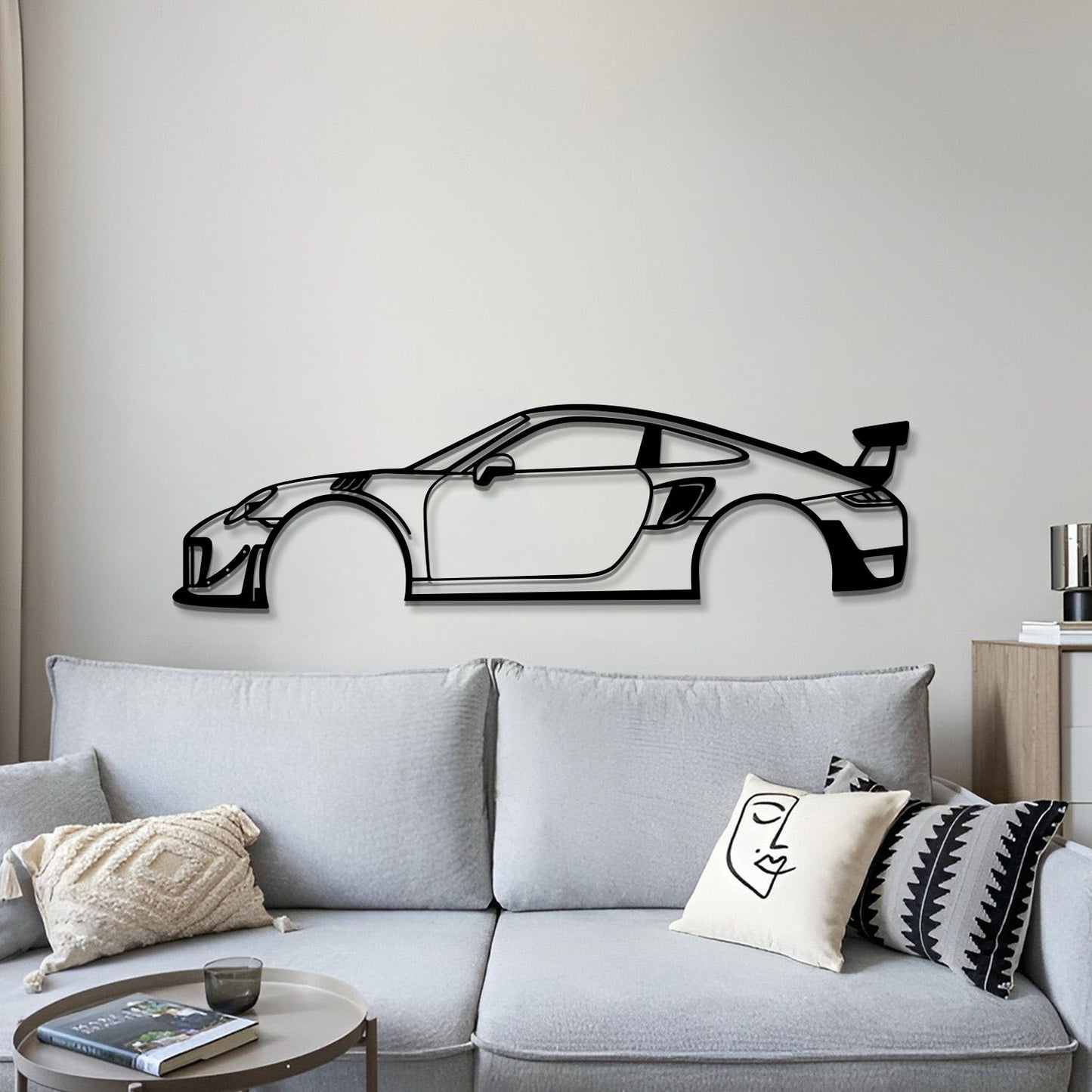 Laser cut metal wall art with Porsche Carrera GT for modern living room décor
