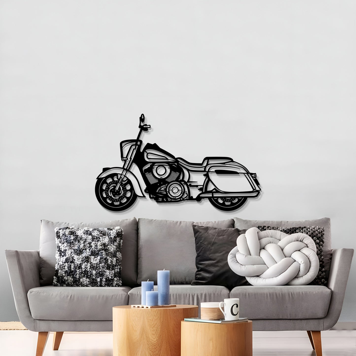 Indian Springfield Dark Horse floating metal art brings refined cruiser flair to an office space