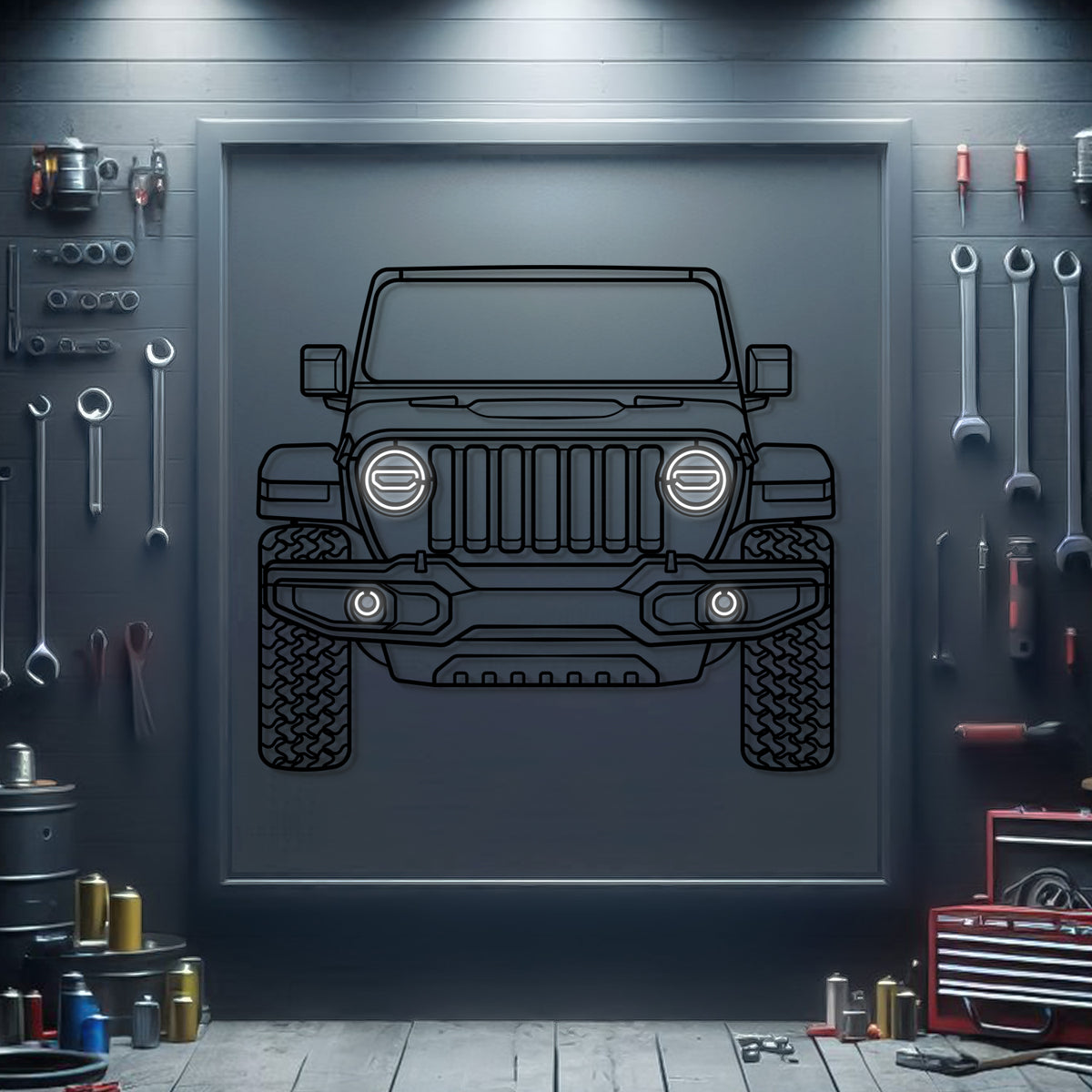 Jeep Wrangler front silhouette neon wall art – ready to hang automotive décor for garage, office, or man cave
