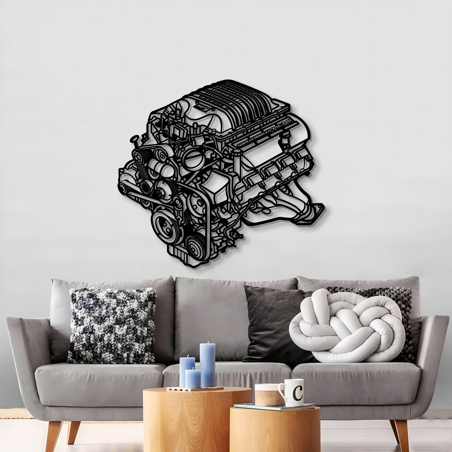 Minimalist metal silhouette of 2018 Challenger engine block
