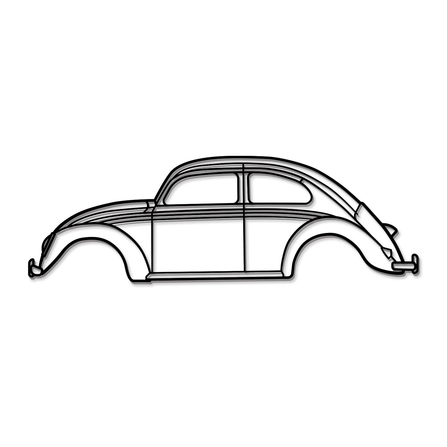 1963 Volkswagen Beetle metal wall art – powder‑coated matte black steel raised 1 cm from surface for shadow depth 