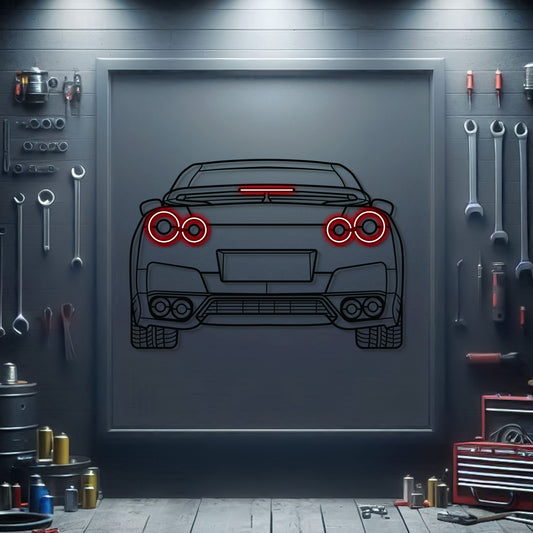Neon‑lit R35 GT‑R taillights silhouette – bold tuner culture statement piece for performance car garages