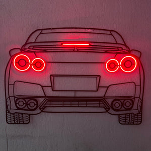 Nissan GT‑R rear neon car sculpture – sleek industrial décor highlighting quad‑round taillights and wide stance