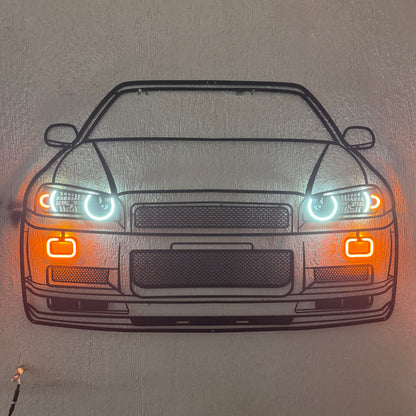 GT‑R R34 front neon car sculpture – sleek décor emphasizing the A80’s distinctive quad headlights and aggressive stance