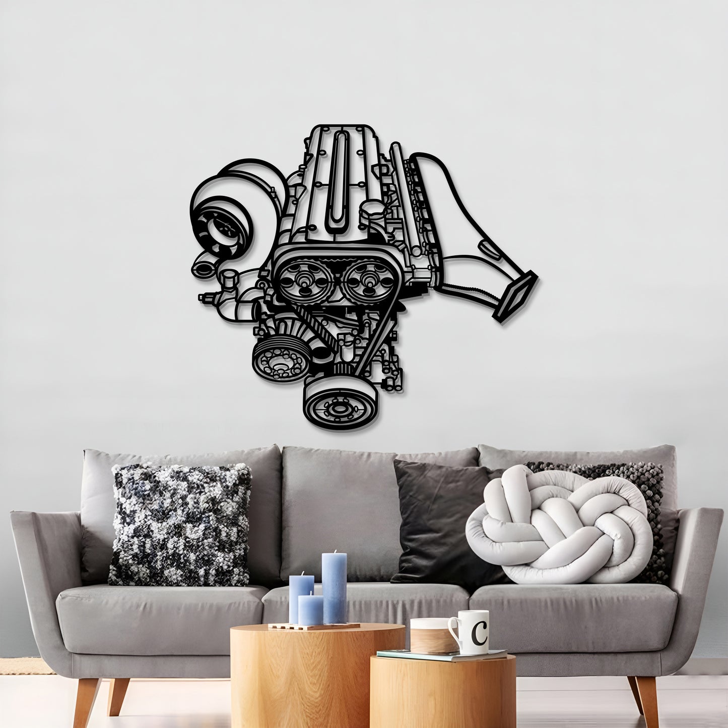 Minimalist metal silhouette of Toyota 2JZ inline‑6 engine