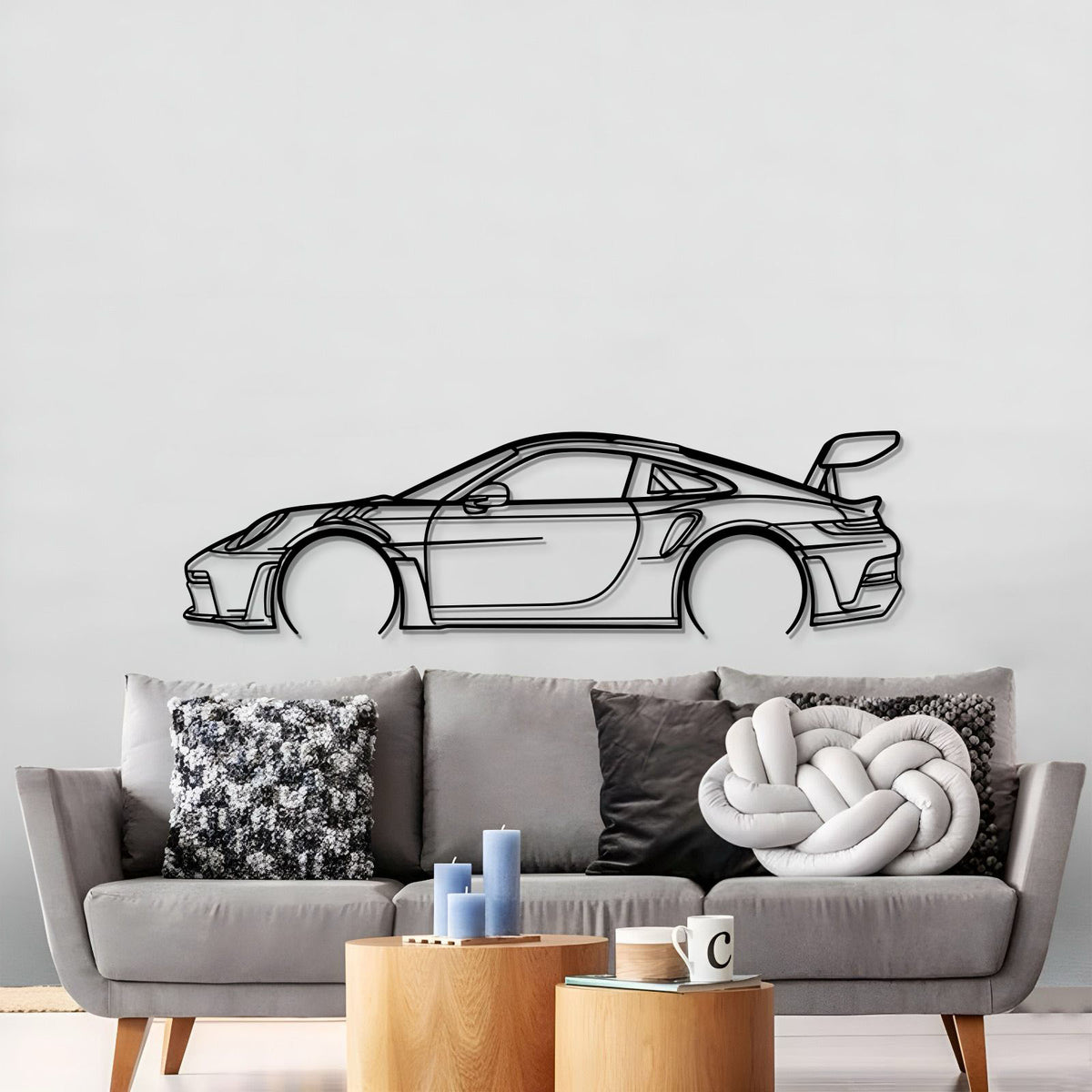 Laser cut metal wall art featuring Porsche 911 GT3 RS Model 992 for garage display