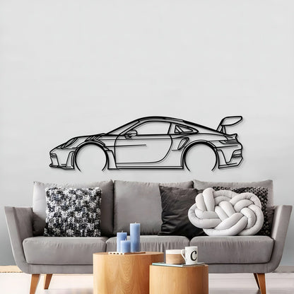 Laser cut metal wall art featuring Porsche 911 GT3 RS Model 992 for garage display