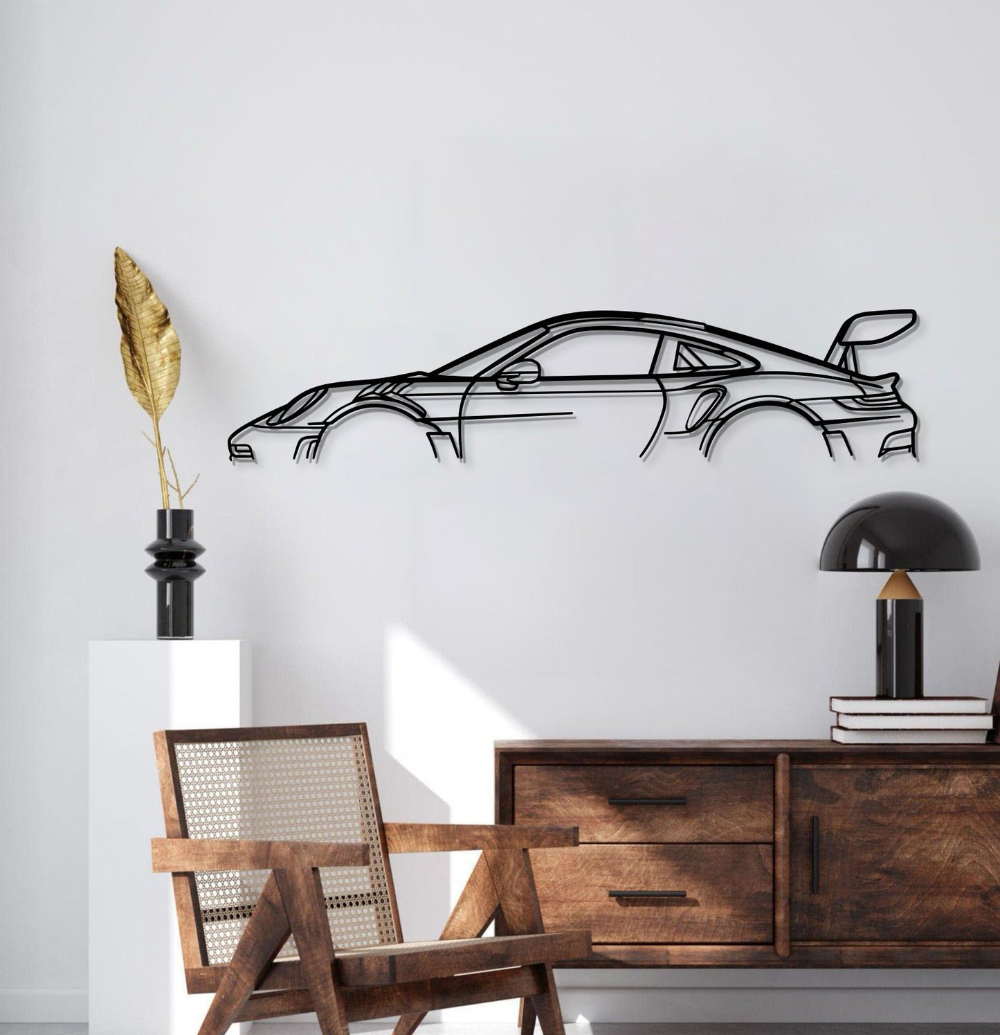 Laser-cut metal wall art showcasing Porsche 911 GT3 RS Model 992 in living space