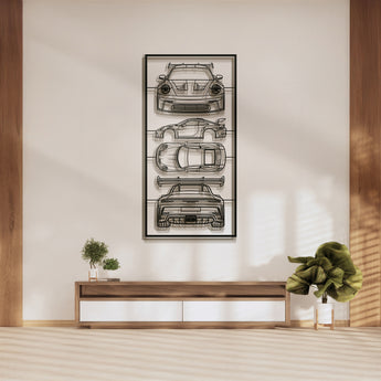 Porsche 911 GT3 RS quad profile metal frame silhouette wall art