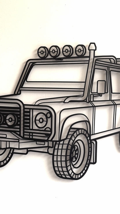 Retro‑modern Defender 110 perspective metal wall decor for office or showroom