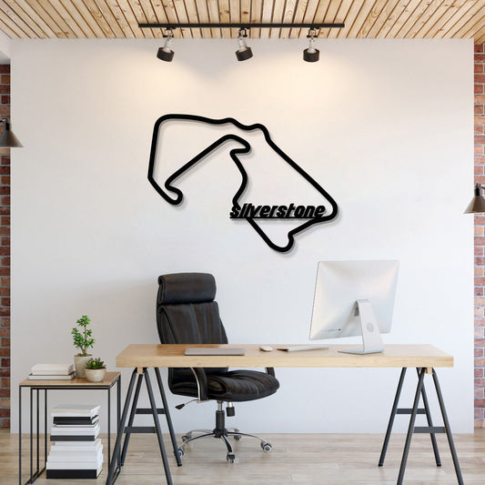 Metal circuit wall art featuring Silverstone Formula 1 track elevating garage décor
