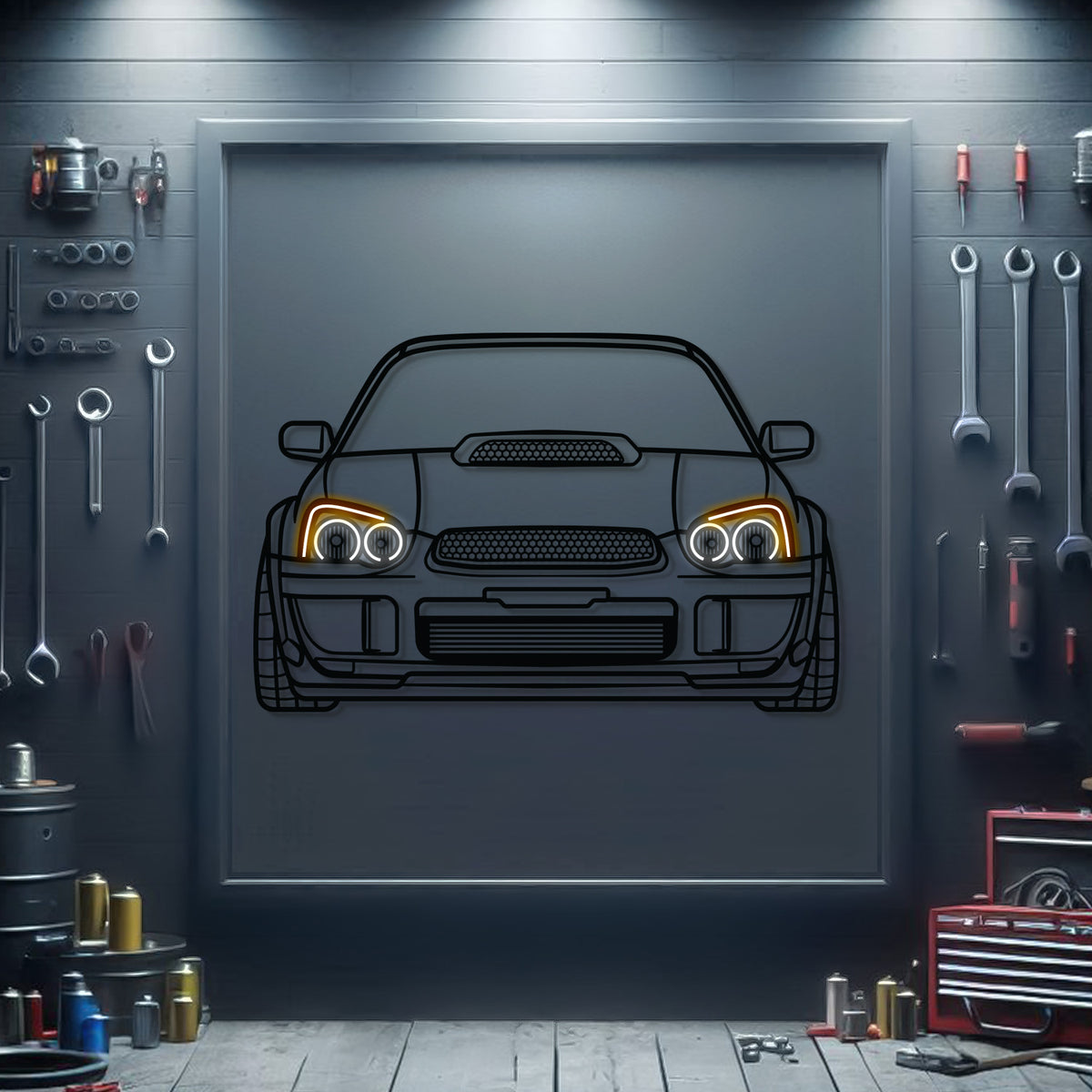 Subaru WRX STI front view neon‑lit metal art – high‑quality design with 3D floating effect showcasing rally‑bred heritage