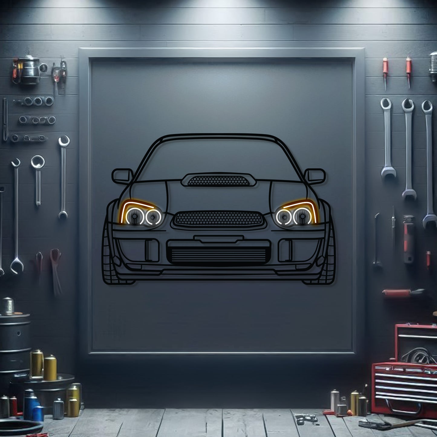 Subaru WRX STI front view neon‑lit metal art – high‑quality design with 3D floating effect showcasing rally‑bred heritage