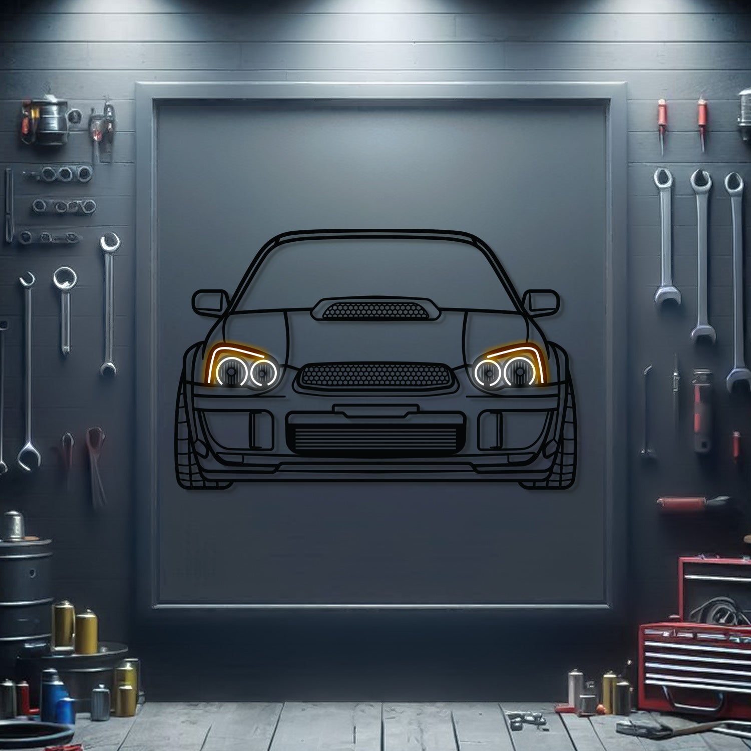 Subaru WRX STI front view neon‑lit metal art – high‑quality design with 3D floating effect showcasing rally‑bred heritage