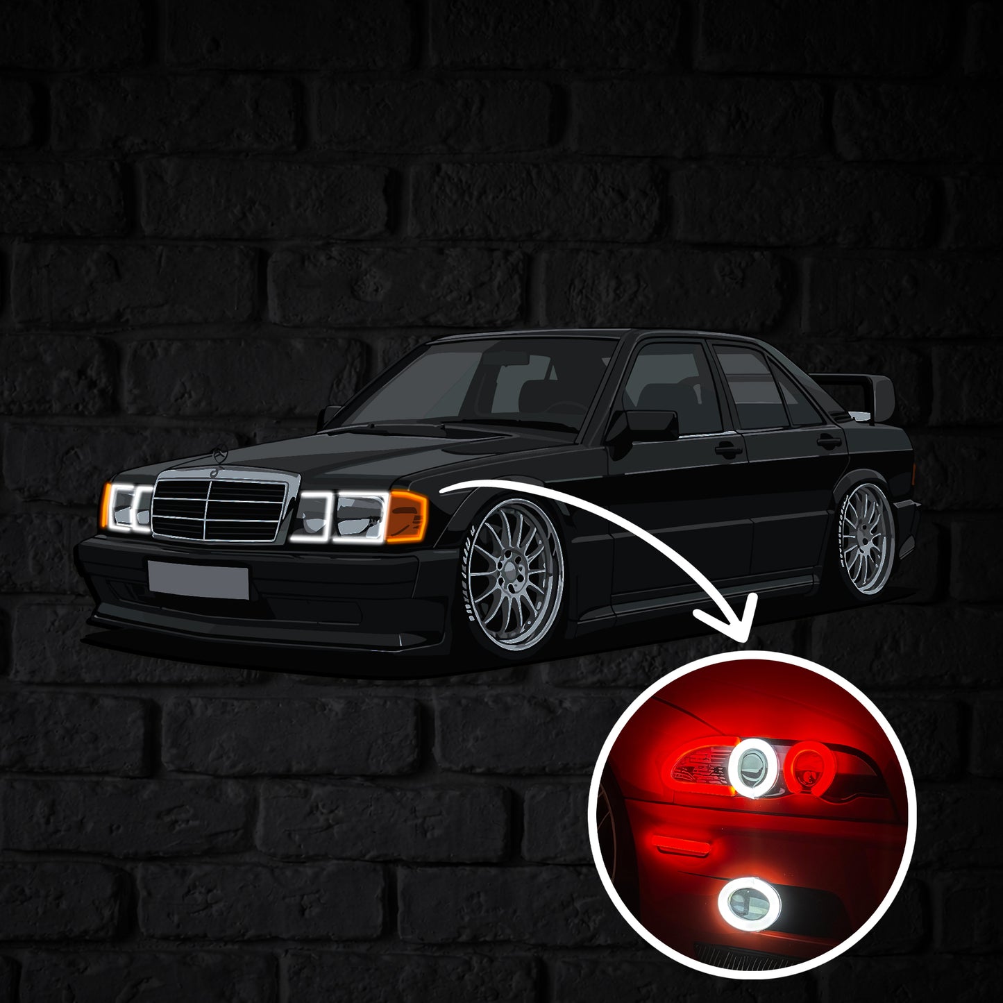 190E Perspective Neon Car Wall Art - UV0001