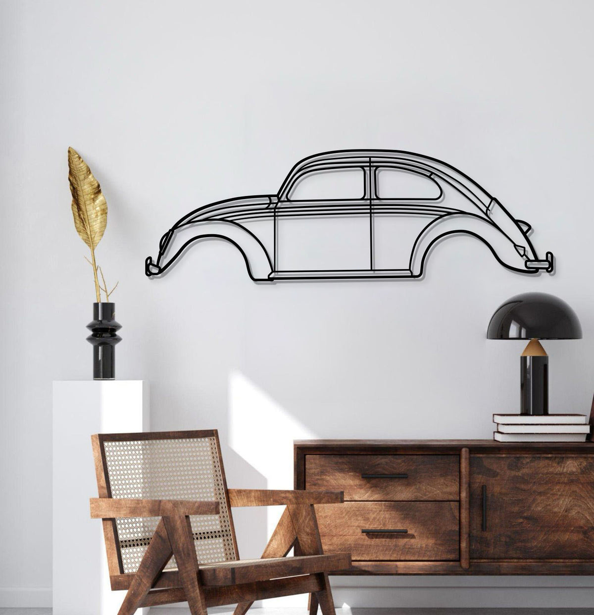 Beetle (1963) laser‑cut metal wall décor – vintage rear‑engine hatchback profile elevated from the wall